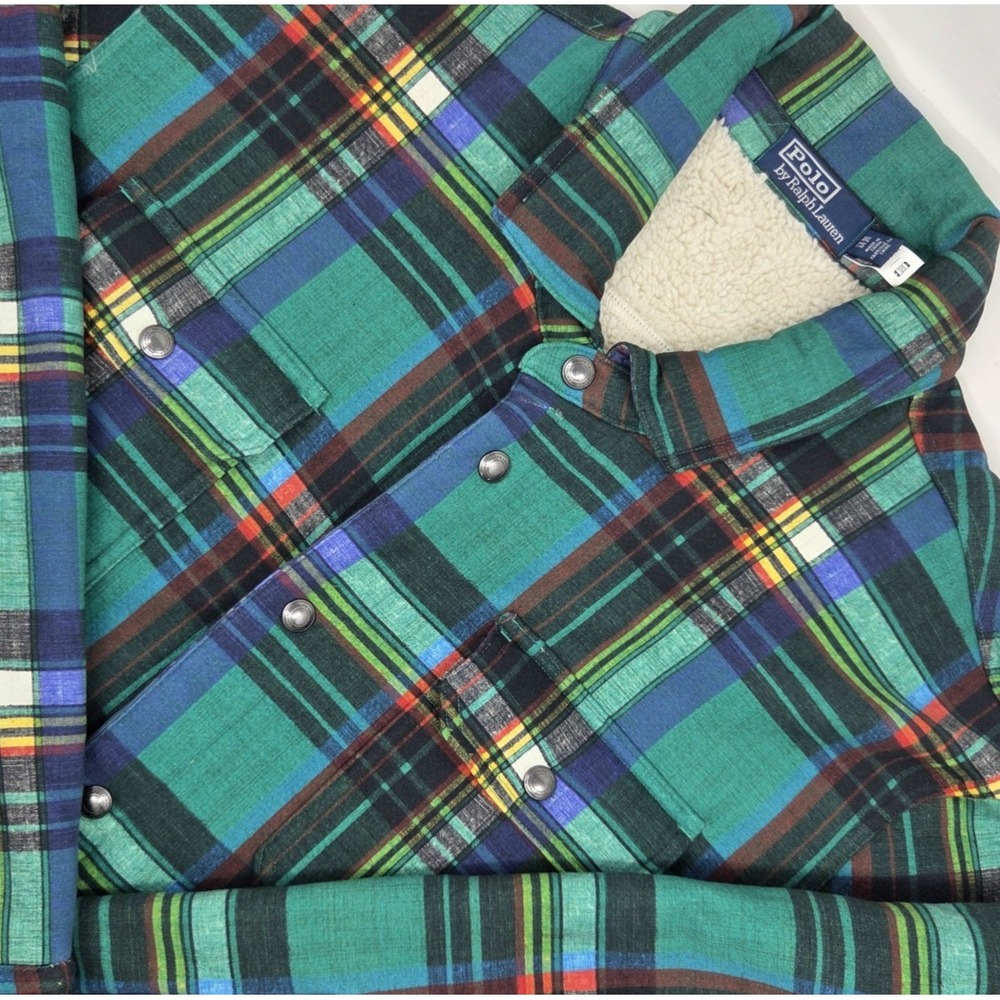 Polo Ralph Lauren Shirt Jacket Mens XXL Green Plaid Sherpa Fleece Lined Flannel
